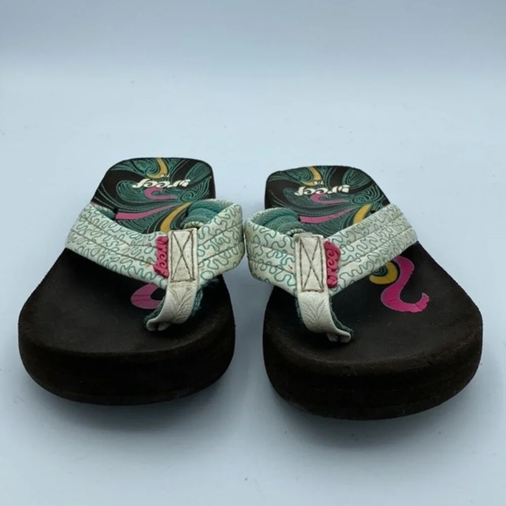 Reef kids 7/8 Sandals Flip Flop Thong Teal Pink Slip On Black Soles